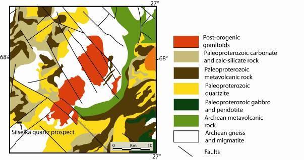 Fig. 2. Geologinen kartta Siiselän puhtaan kvartsin etsintäalueelta. Yksinkertaistettu kartta Manninen ja Pihlaja, 1993.