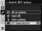 12: Keskuspainotettu (vain P-, S-, A- ja M-tilat) Vaihtoehdolla säädetään sen etsimen keskusalueen kokoa, joka vaikuttaa eniten keskustapainotetteiseen mittaukseen. Oletusasetus on 8mm. 13: Autom.