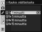 päälläoloaika (kaikki tilat) Valitsee, kuinka kauan kamera odottaa signaalia kaukosäätimestä, ennen kuin se peruuttaa kaukosäädön viiveohjaus- tai pikaohjaustilan ( 38).