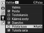 3 4 Korosta kohdat painamalla valintapainiketta ylös tai alas ja valitse kohta tai poista sen valinta painamalla valintapainiketta oikealle.