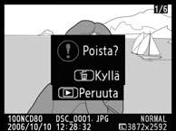 Perustoisto Valokuvat tulevat automaattisesti näyttöön noin neljäksi sekunniksi laukaisun jälkeen. Jos näytössä ei ole valokuvaa, uusinta kuvaa voidaan tarkastella painamalla -painiketta.