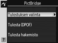 Useiden kuvien tulostaminen Voit tulostaa useita valittuja kuvia tai luoda pienoiskuvina näkyvän luettelokuvan kaikista JPEG-kuvista painamalla PictBridge-näytössä -painiketta.