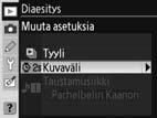 3 Vakio: Kuvat toistetaan valituin väliajoin ilman taustamusiikkia ja siirtymätehosteita tai muita tehosteita.
