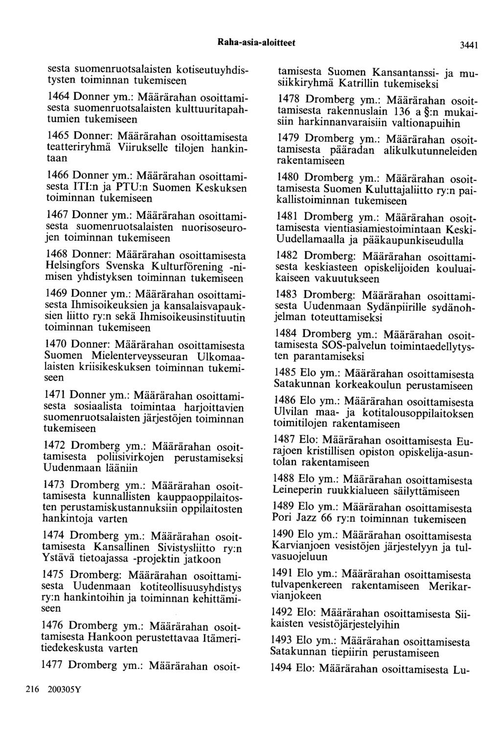Raha-asia-aloitteet 3441 sesta suomenruotsalaisten kotiseutuyhdistysten toiminnan 1464 Donner ym.