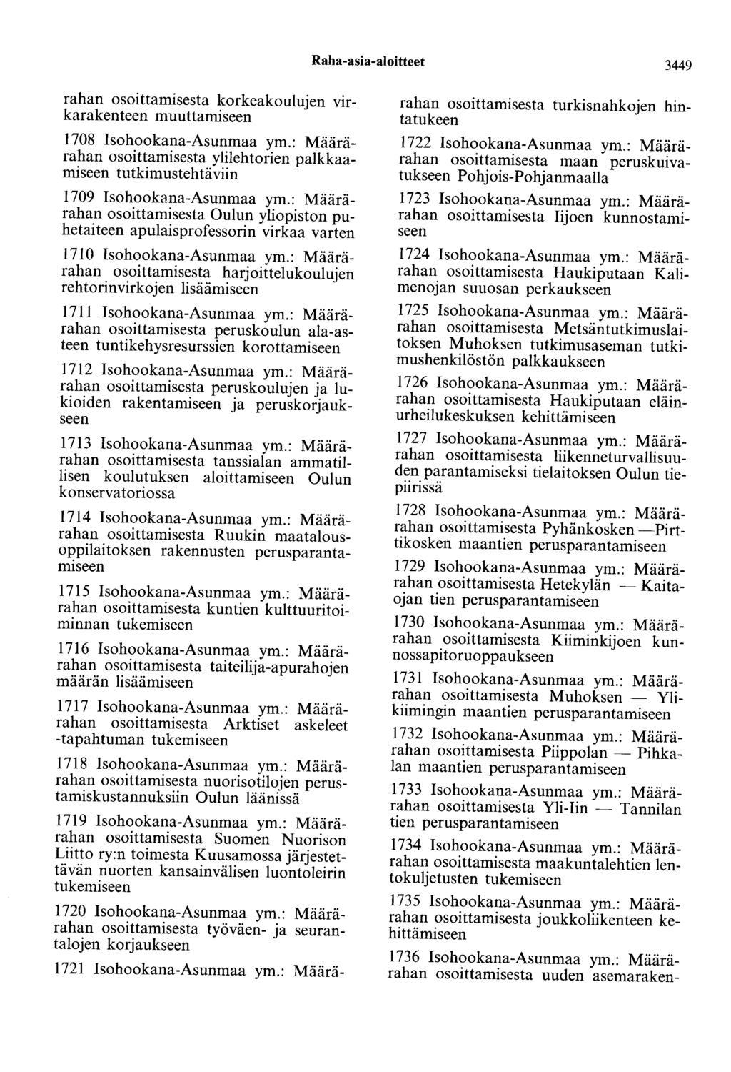 Raha-asia-aloitteet 3449 rahan osoittamisesta korkeakoulujen virkarakenteen muuttamiseen 1708 Isohookana-Asunmaa ym.