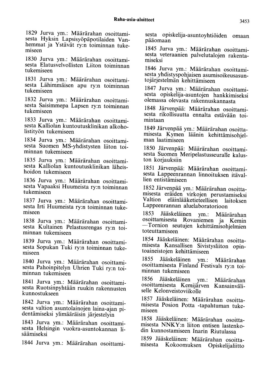 Raha-asia-aloitteet 3453 1829 Jurva ym.: Määrärahan osoittamisesta Hyksin Lapsisyöpäpotilaiden Vanhemmat ja Ystävät ry:n toiminnan 1830 Jurva ym.