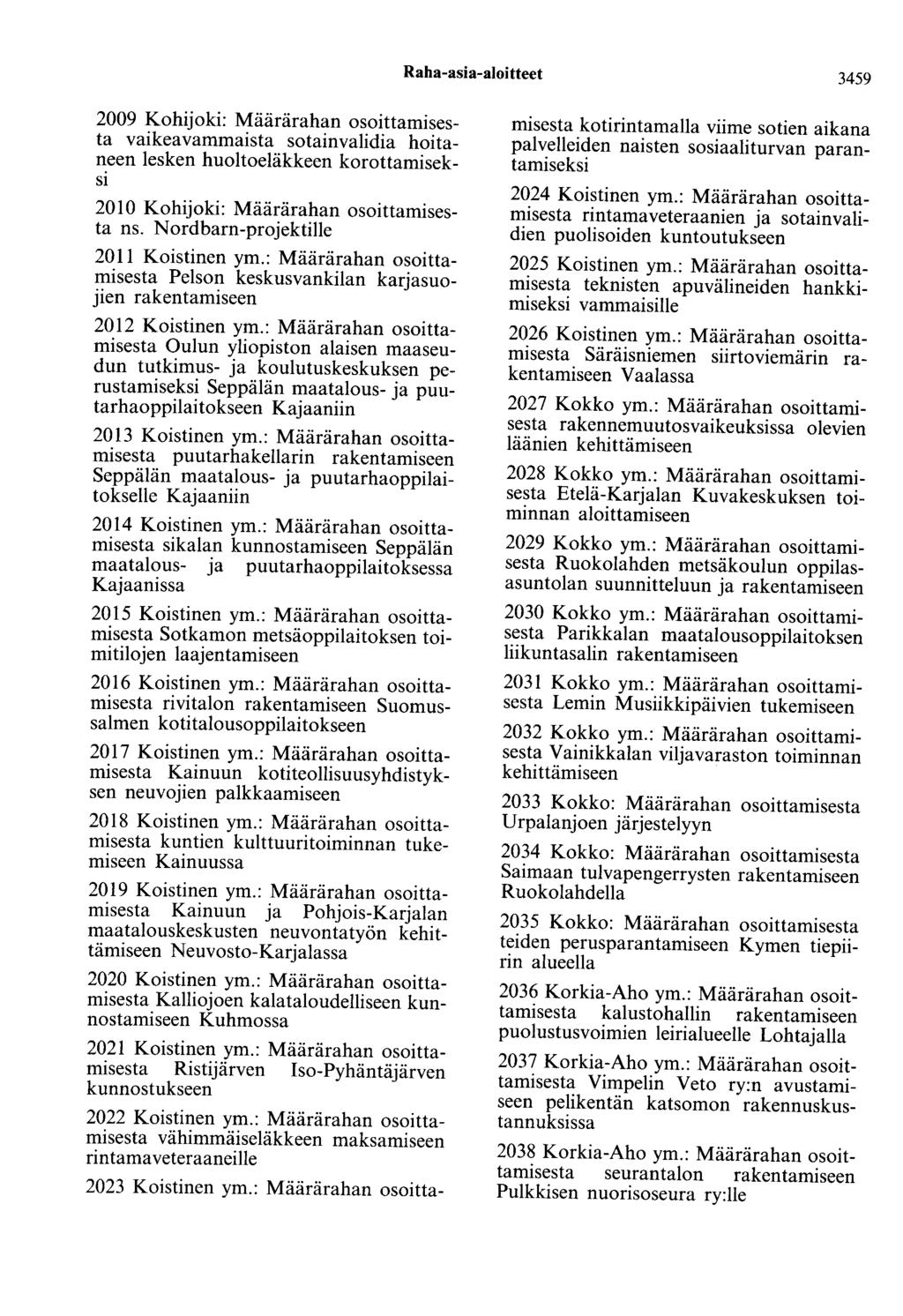 Raha-asia-aloitteet 3459 2009 Kohijoki: Määrärahan osoittamisesta vaikeavammaista sotainvalidia hoitaneen lesken huoltoeläkkeen korottamisek SI 2010 Kohijoki: Määrärahan osoittamisesta ns.