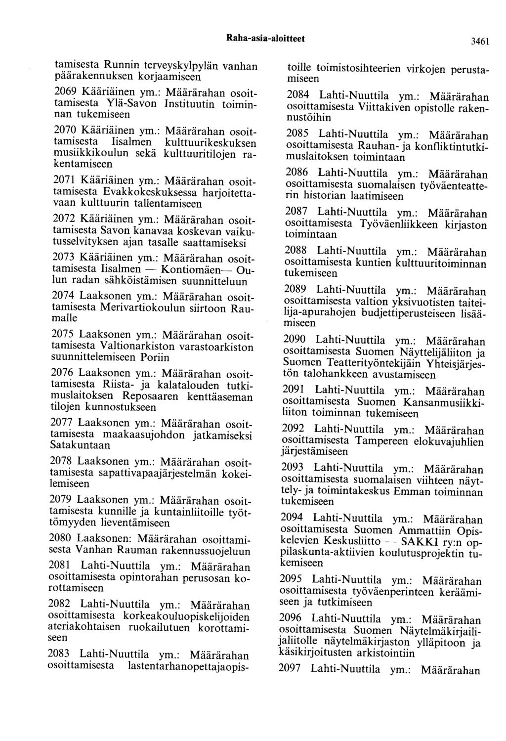 Raha-asia-aloitteet 3461 tamisesta Runnin terveyskylpylän vanhan päärakennuksen korjaamiseen 2069 Kääriäinen ym.: Määrärahan osoittamisesta Ylä-Savon Instituutin toiminnan 2070 Kääriäinen ym.