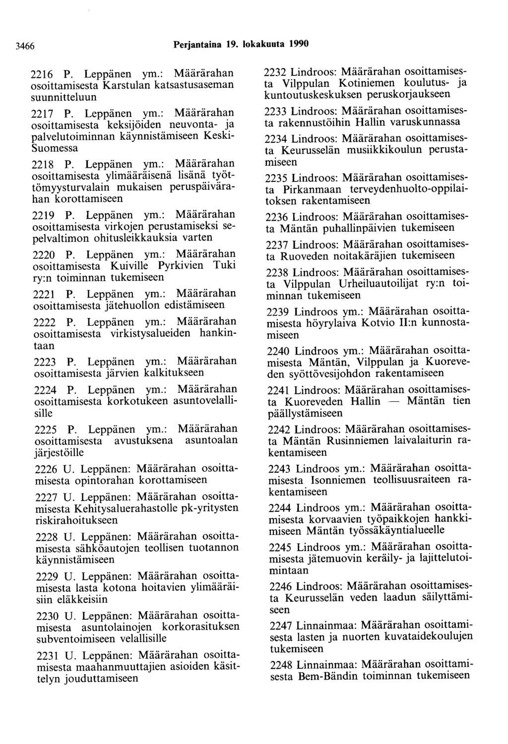 3466 Perjantaina 19. lokakuuta 1990 2216 P. Leppänen ym.: Määrärahan osoittamisesta Karstulan katsastusaseman suunnitteluun 2217 P. Leppänen ym.: Määrärahan osoittamisesta keksijöiden neuvonta- ja palvelutoiminnan käynnistämiseen Keski Suomessa 2218 P.