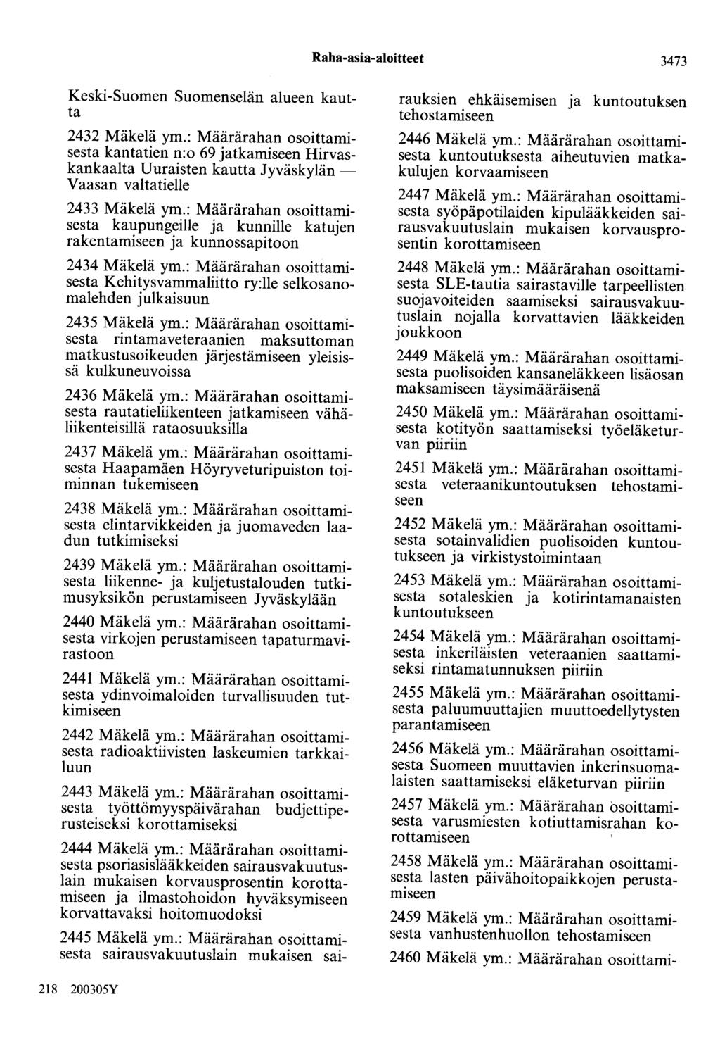 Raha-asia-aloitteet 3473 Keski-Suomen Suomenselän alueen kautta 2432 Mäkelä ym.