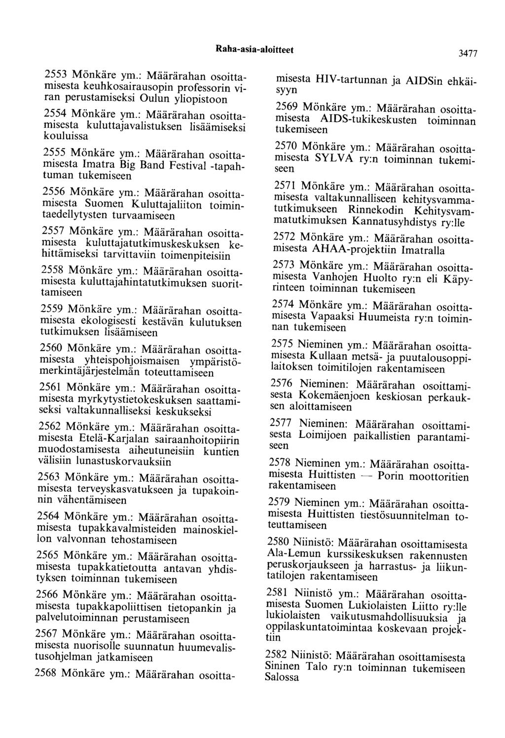 Raha-asia-aloitteet 3477 2553 Mönkäre ym.: Määrärahan osoittamisesta keuhkosairausopin professorin viran perustamiseksi Oulun yliopistoon 2554 Mönkäre ym.