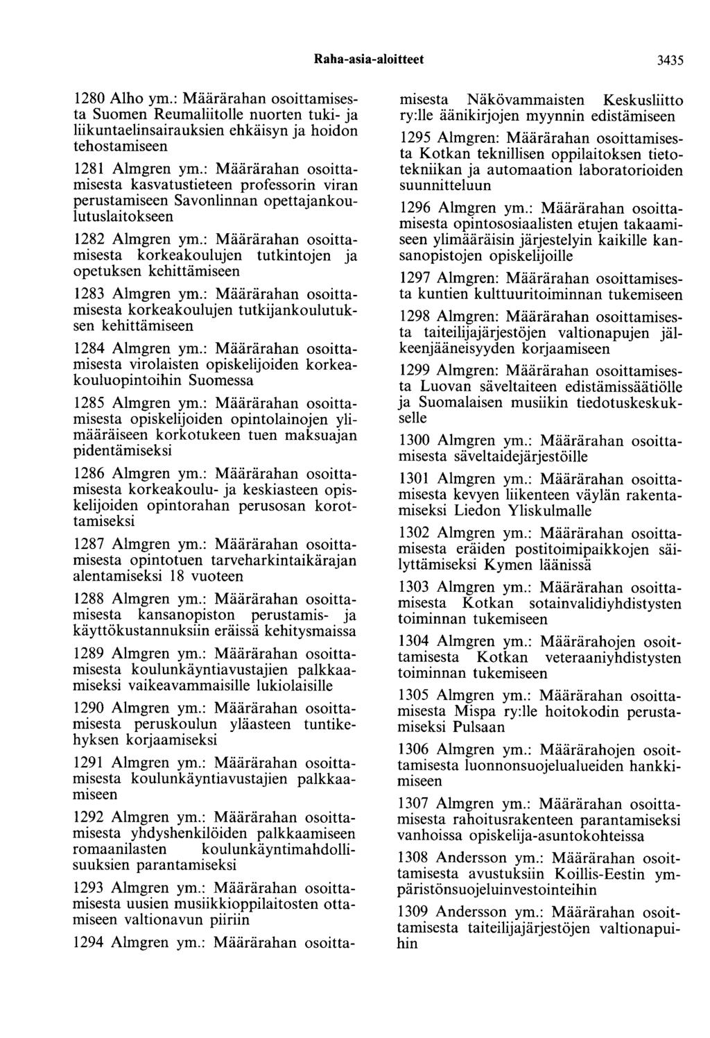Raha-asia-aloitteet 3435 1280 Alho ym.: Määrärahan osoittamisesta Suomen Reumaliitolle nuorten tuki- ja liikuntaelinsairauksien ehkäisyn ja hoidon tehostamiseen 1281 Almgren ym.