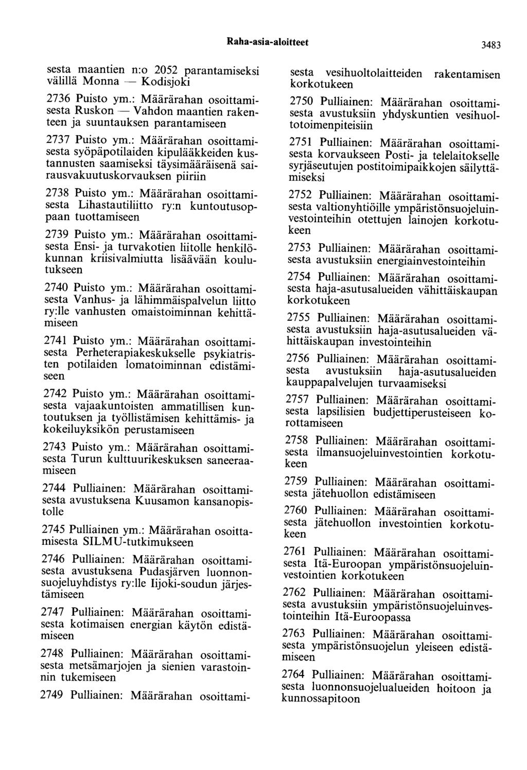 Raha-asia-aloitteet 3483 sesta maantien n:o 2052 parantamiseksi välillä Manna - Kodisjoki 2736 Puisto ym.