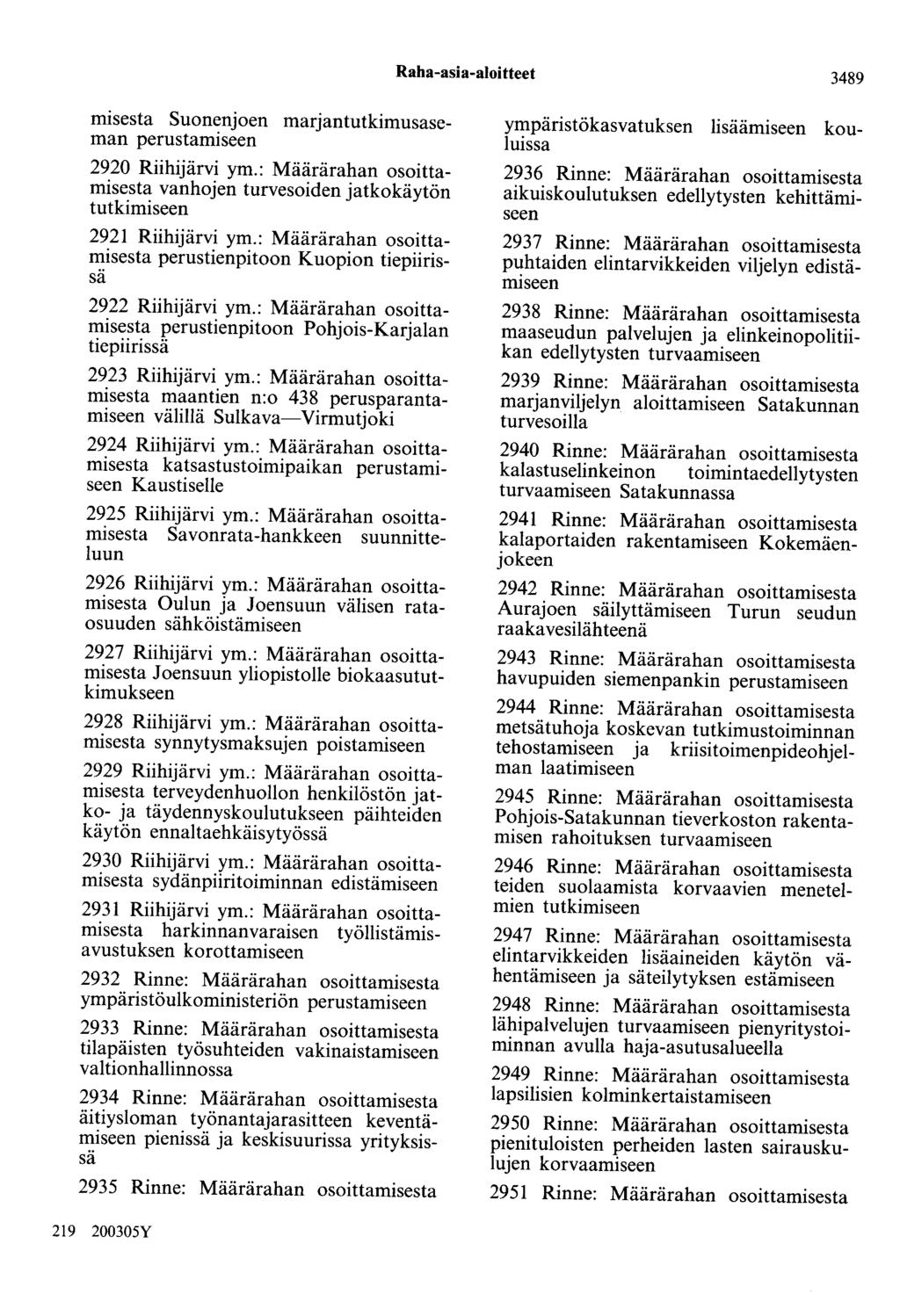 Raha-asia-aloitteet 3489 misesta Suonenjoen marjantutkimusaseman perustamiseen 2920 Riihijärvi ym.: Määrärahan osoittamisesta vanhojen turvesoiden jatkokäytön tutkimiseen 2921 Riihijärvi ym.