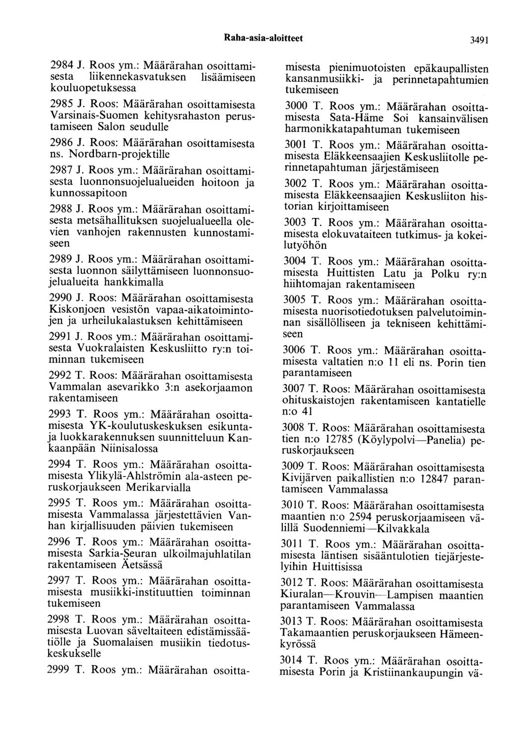 Raha-asia-aloitteet 3491 2984 J. Roos ym.: Määrärahan osoittamisesta liikennekasvatuksen lisäämiseen kouluopetuksessa 2985 J.