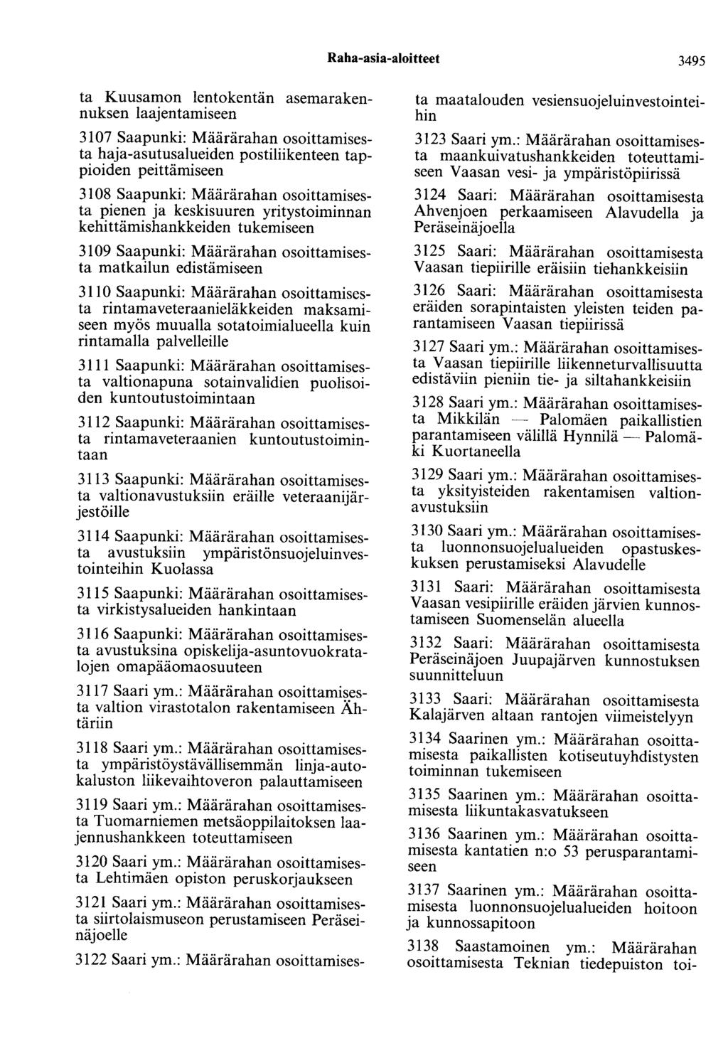 Raha-asia-aloitteet 3495 ta Kuusamon lentokentän asemarakennuksen laajentamiseen 3107 Saapunki: Määrärahan osoittamisesta haja-asutusalueiden postiliikenteen tappioiden peittämiseen 3108 Saapunki: