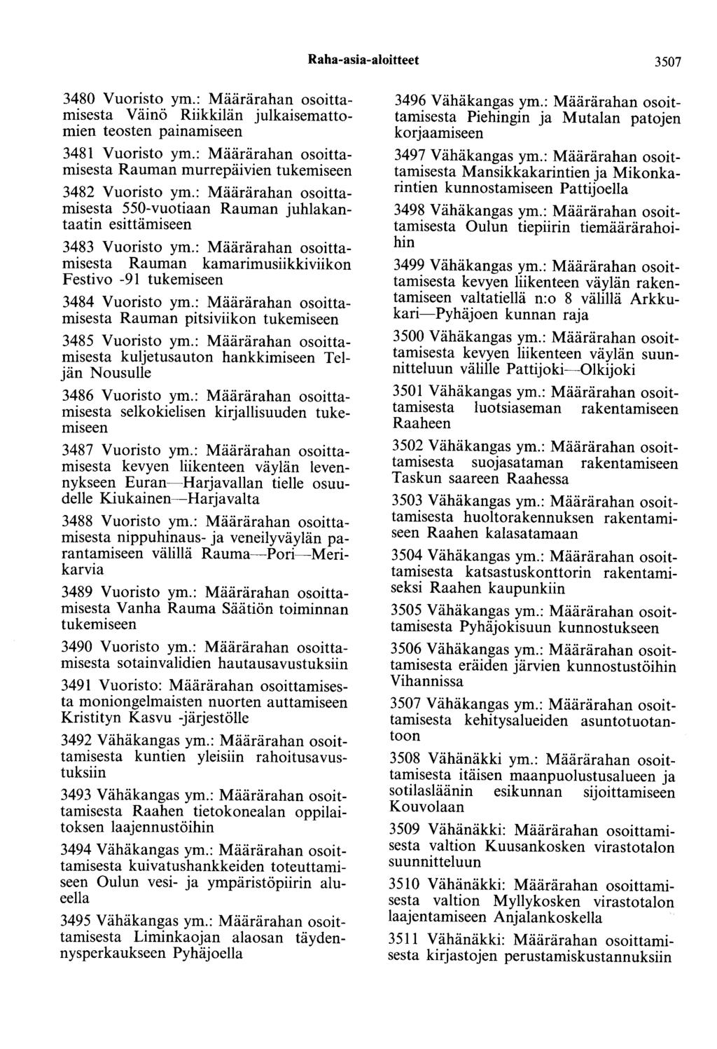 Raha-asia-aloitteet 3507 3480 Vuoristo ym.: Määrärahan osoittamisesta Väinö Riikkilän julkaisemattomien teosten painamiseen 3481 Vuoristo ym.