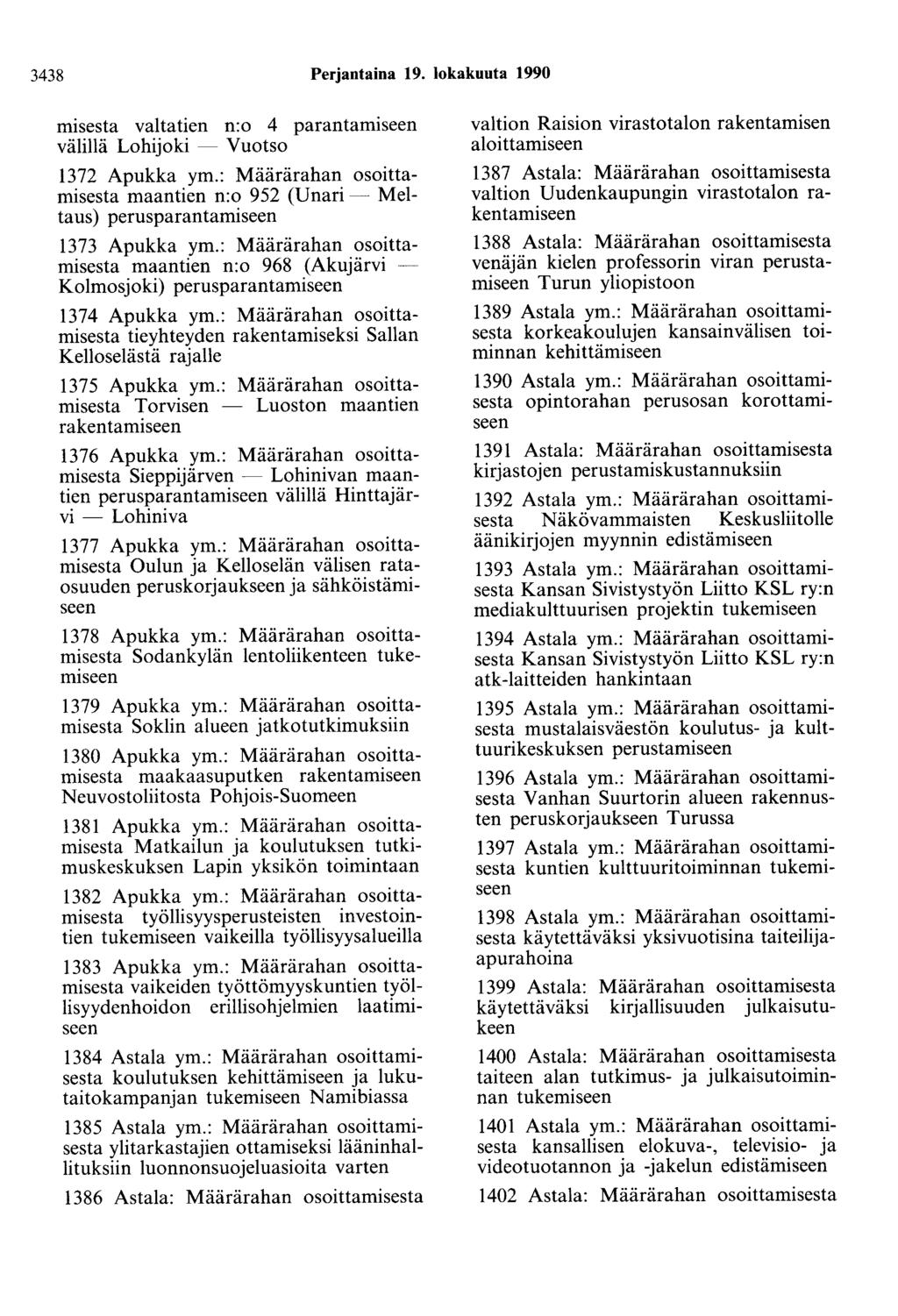 3438 Perjantaina 19. lokakuuta 1990 misesta valtatien n:o 4 parantamiseen välillä Lohijoki - Vuotso 1372 Apukka ym.