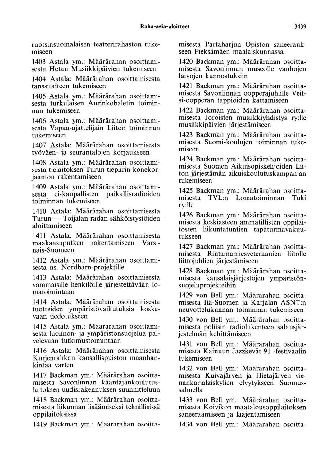 Raha-asia-aloitteet 3439 ruotsinsuomalaisen teatterirahaston 1403 Astala ym.: Määrärahan osoittamisesta Hetan Musiikkipäivien 1404 Astala: Määrärahan osoittamisesta tanssitaiteen 1405 Astala ym.