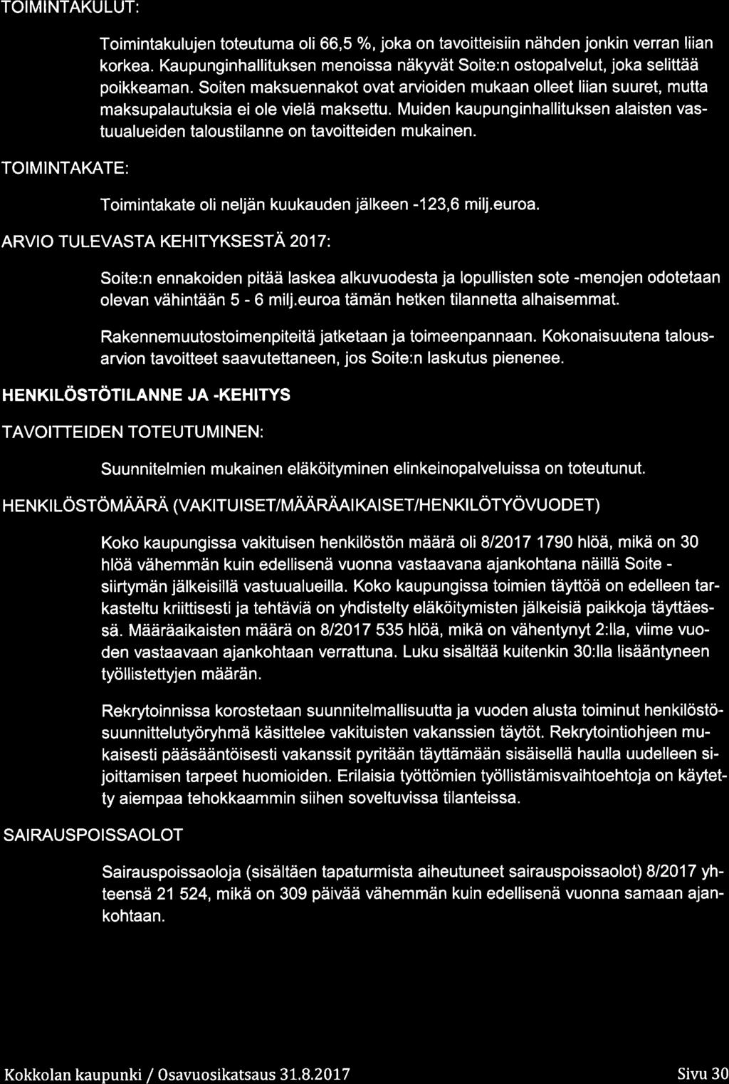TOIMINTAKULUT: TOIMINTAKATE: Timintakulujen tteutuma li,5 %, jka n tavitteisiin nähden jnkin verran liian krkea. Kau pu nginhallituksen menissa näkyvät Site: n stpalvelut, jka selittää pikkeaman.