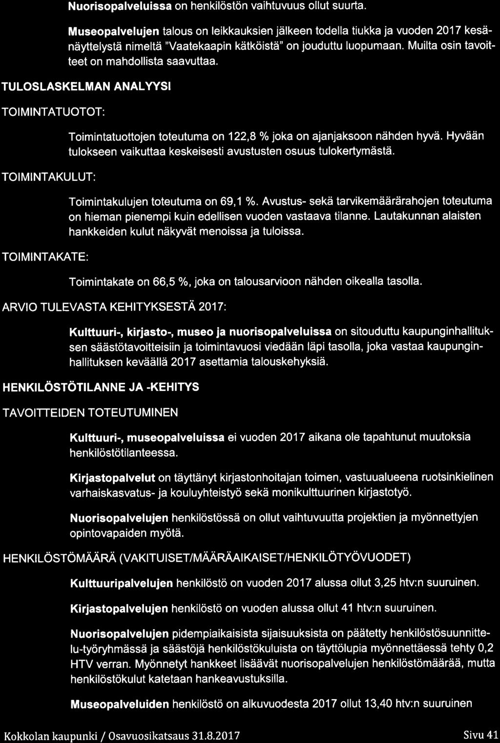 Nurispalveluissa n henkilöstön vaihtuvuus llut suurta. Musepalvelujen talus n leikkauksien jälkeen tdella tiukka ja vuden 217 kesänäyttelystä nimeltä "Vaatekaapin kätköistä" n juduttu lupumaan.