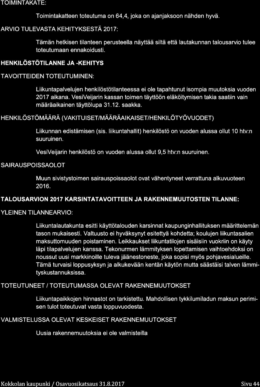 TOIMINTAKATE: Timintakatteen tteutuma n 4,4, jka n ajanjaksn nähden hyvä.