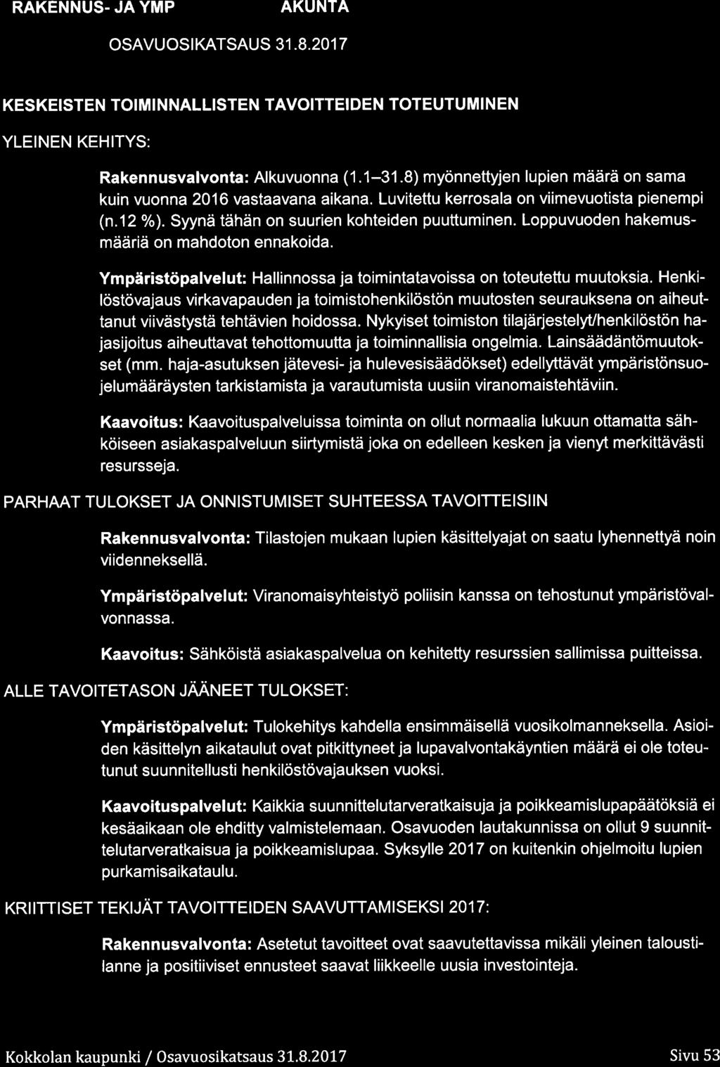 RAKENNUS. JA YMP AKUNTA OSAVUOSIKATSAUS 31.8.217 KESKEISTEN TOIMI NNALLISTEN TAVOITTEIDEN TOTEUTUMI N EN YLEINEN KEHITYS: Rakennusvalvnta: Alkuvunna (1.1-31.