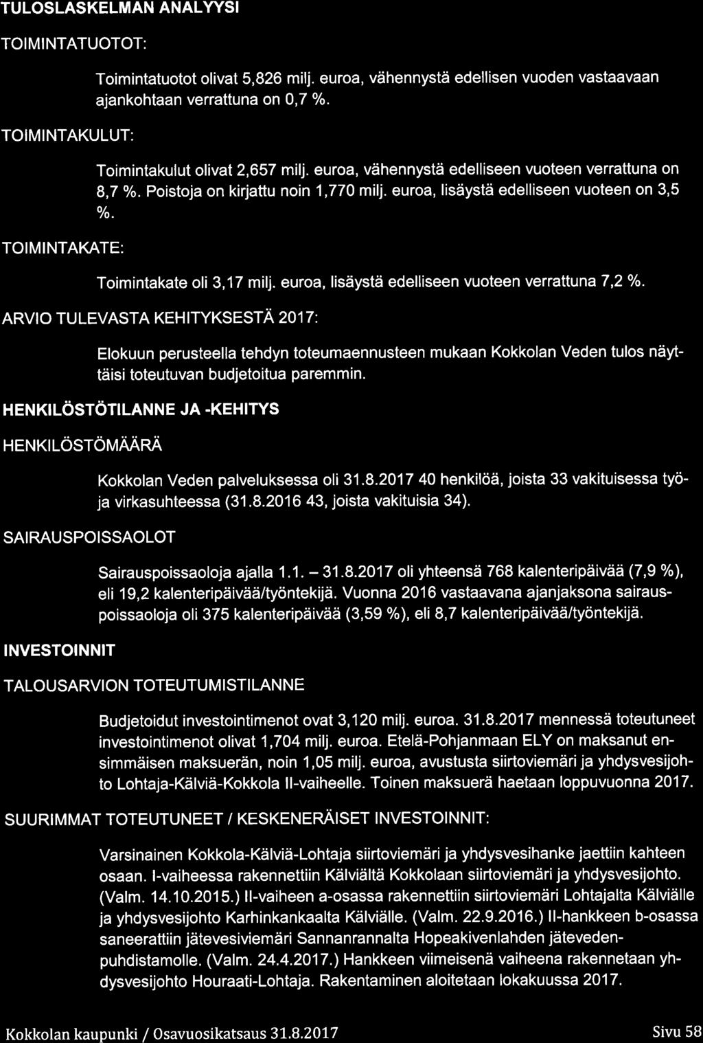 TULOSLASKELMAN ANALYYSI TOIMINTATUOTOT: TOIMINTAKULUT: Timintatutt livat 5,82 milj. eura, vähennystä edellisen vuden vastaavaan ajankhtaan verrattuna n,7 /. Timintakulut livat 2,57 milj.