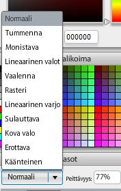 Näitä on kuvan peittävyyttä vaalentavia, tummentavia sekä kontrastia lisääviä sekoitustiloja. Kokeile rohkeasti (näistä voi olla hyötyä esim. erilaisten tehosteiden tekemisissä). Huom!