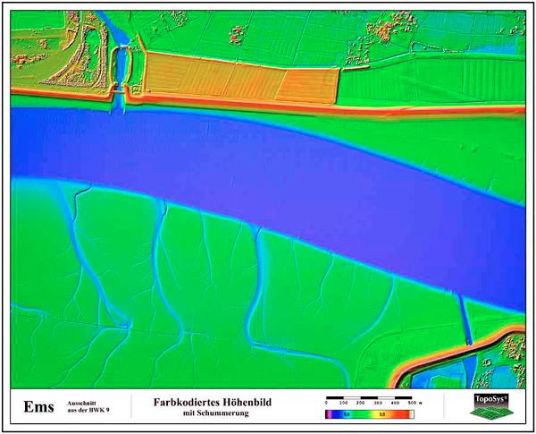 The river Ems in Germany was scanned during low tide. Tideways and other structures of the landscape can easily be analyzed in a 1 m raster DEM.