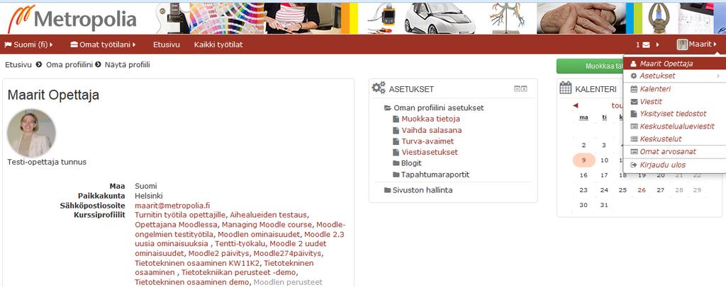 7 1.5 Omat käyttäjätiedot Jokaisella Moodle-käyttäjällä on oma profiili, jossa on käyttäjätiedot.