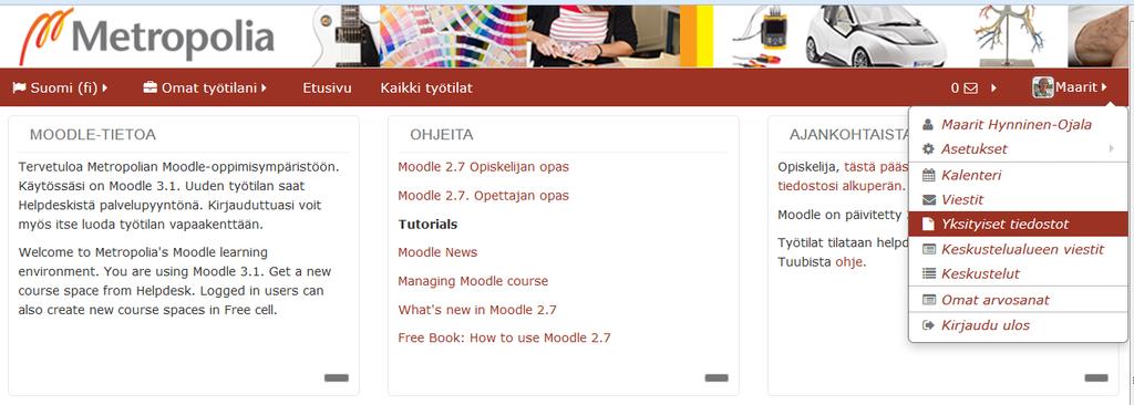 9 1.6 Yksityiset tiedostot Jokaisella käyttäjällä on Moodlessa yksityiset tiedostot. Sinne voi ladata esimerkiksi portfoliota varten materiaalia.