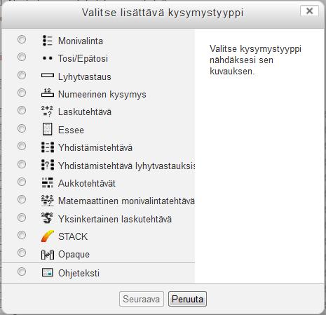 151 5. 6. 7. Luo kysymys kuten kohdassa 7.10.2. 7.10.7 Kysymysten lisääminen tenttiin kysymyspankista 1. Napsauta luotua tenttiä työtilassa. 2.