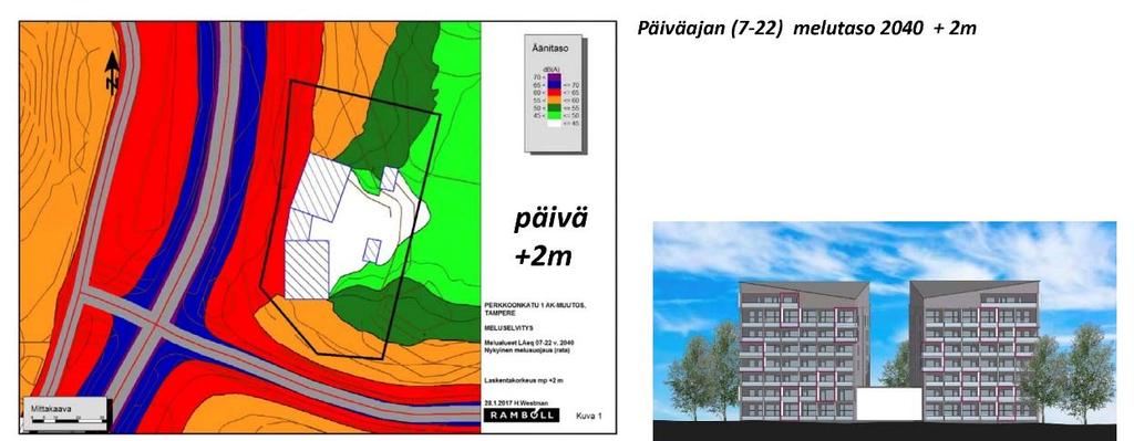 17 Meluselvitys on laadittu melun laskentamallin avulla (Ramboll Finland Oy:ssä). Laskentojen mukaan julkisivuille kohdistuvat melutasot 61-63 db ja parvekkeille on annettu lasitusmääräys.