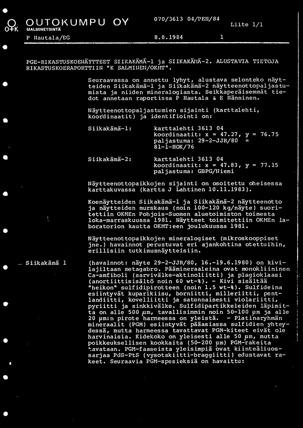 OY 070/3613 04/PEH/4 OUTO~-<.UMPU Liite 1/1 MA.MNETSNT~ P Hauta1a/EG..194 1 PGE-RKASTUSKOEHAYTTEET SKAKAMA-1 ja SKAK.Al'A-2. ALUSTAVA TETOJA RKASTUSKOERAPORTTN "K SALMilJEU/OKHT".