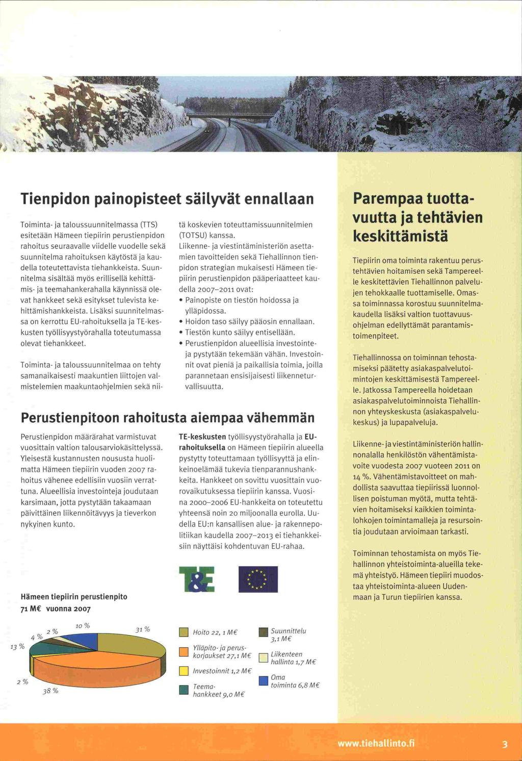 -sun -keskus) -tia 13% Tien pidon painopisteet säilyvät ennallaan Toiminta- ja taloussuunnitelmassa (TTS) esitetään Hämeen tiepiirin perustienpidon rahoitus seuraavalle viidelle vuodetle sekä