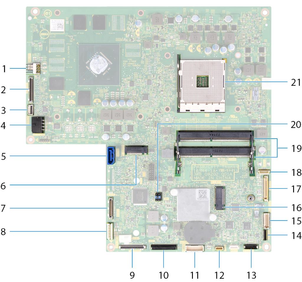 5 Keskikehys 6 Virtapainikekortti 7 Kaiutin 8 I/O-kiinnike 9 Kamerakokoonpano 10 SSD-asema 11 Nappiparisto 12 Langaton kortti 13 I/O-sivulevy 14 Muistikortinlukija 15 Muistimoduuli 16 Emolevy