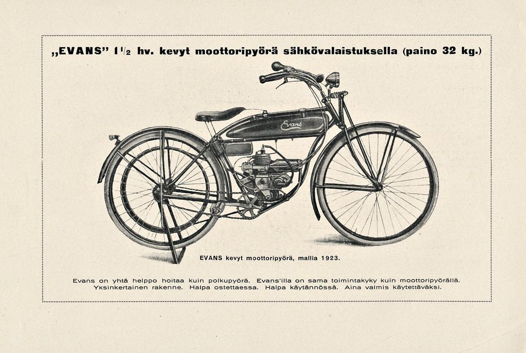 EVANS" l>2 hv. kevyt moottoripyörä sähkövalaistuksella (paino 32 kg.) Evans on yhtä helppo hoitaa kuin polkupyörä.