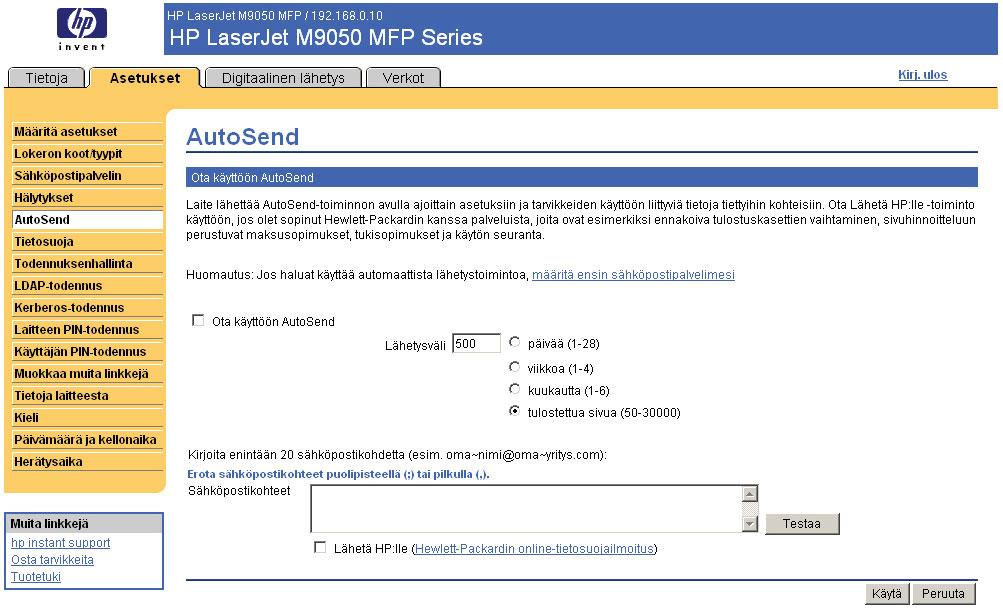 AutoSend Voit käyttää AutoSend-näyttöä tuotteen asetustietojen ja tarvikkeiden käyttötietojen lähettämiseen määräajoin valitsemiisi sähköpostikohteisiin, kuten palveluntarjoajalle.