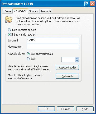 Kansion jakaminen Windows XP:ssä 1. Napsauta jaettavaa tiedostoa tai kansiota hiiren kakkospainikkeella Resurssienhallinnassa tai Oma tietokone -kansiossa ja valitse Jakaminen ja suojaus.