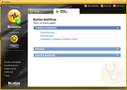 Aloittaminen Tutustuminen pääikkunaan 9 Pääikkunan käyttäminen Lisätietoja Norton AntiVirus -ohjelman käynnistäminen sivulla 7. 1 Käynnistä Norton AntiVirus.