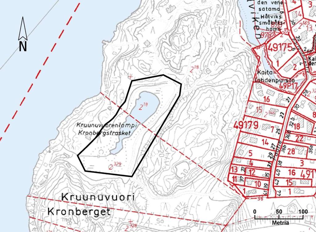 58 Kortti 25) Rauhoitettava alue: Kruunuvuorenlampi ja suo Pinta-ala: 2,3 ha Kylä Tila ja Rn:o Omistaja Laajasalo 412 Hålvik-Håkansvik II 2:18 yksityinen Laajasalo 412 Hålvik-Håkansvik III 2:329