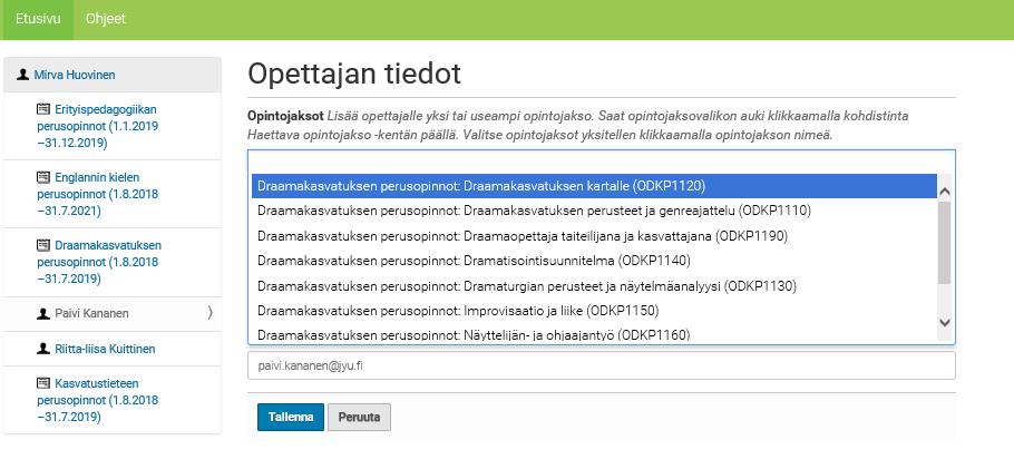 14 Lisää opettajalle opintojaksoja valitsemalla niitä yksitellen valikosta. Lisää kaikki ne opintojaksot, joihin opettajaa tullaan ehdottamaan.