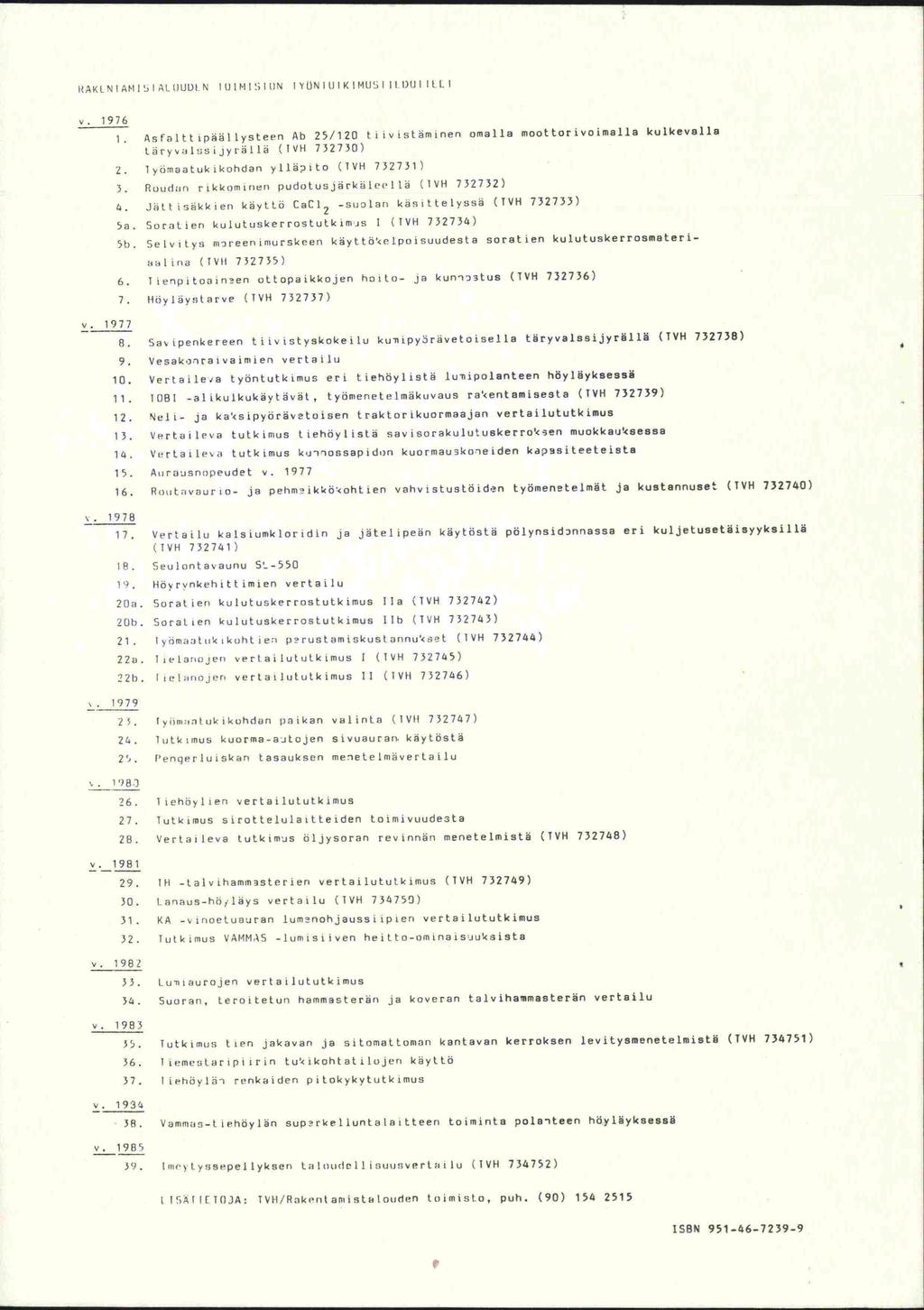 TAKLNIAMI51ALIIUDIN IiJlMlIt)N IYt)N1U1KIMU1iI Ii 1)01 ILL 1 v. 1976 1. AsfalttipäällySteefl Ab 25/120 tiivistsminen omalla moottorivoimalla kulkevall8 liiryvalusijyralla ( TVH 732730) 2.