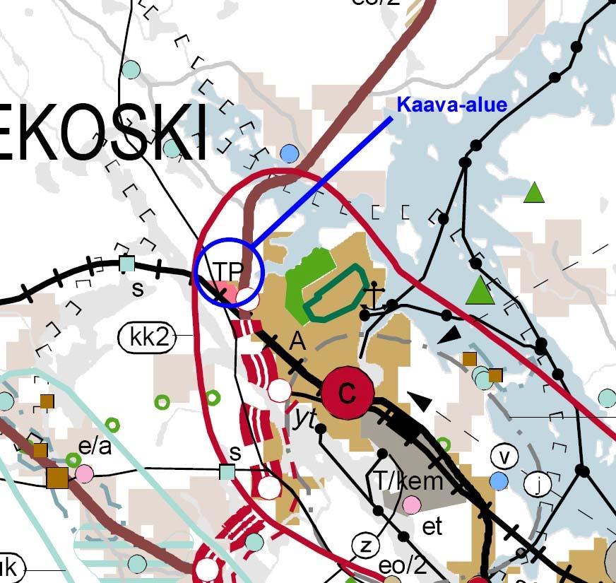 FCG Finnish Consulting Group Oy Kaavaselostus 8 (18) aluetta (TP). Alue kuuluu kaupunkikehittämisen kohdealueeseen (kk2), vierestä kulkevat itäpuolella rautatie ja valtatie (4).