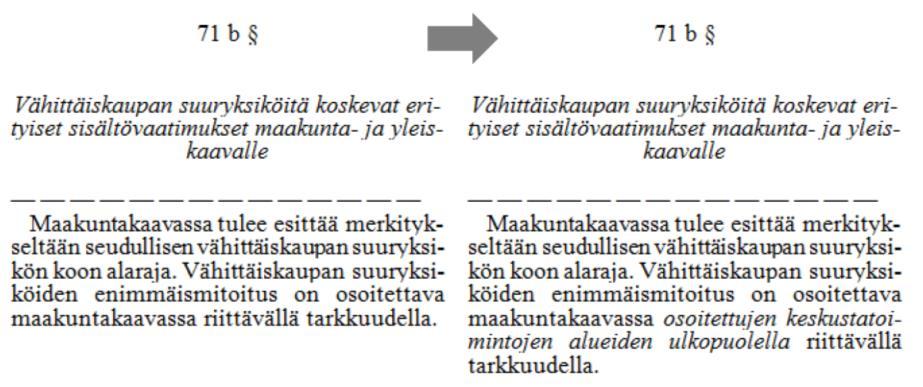 FCG SUUNNITTELU JA TEKNIIKKA OY Loppuraportti 11 (39) Vähittäiskaupan suuryksiköiden sijoittaminen (MRL 71 c ) Vähittäiskaupan suuryksikön ensisijainen sijaintipaikka on lakimuutoksen jälkeenkin