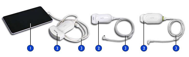 Järjestelmän yleiskatsaus Järjestelmän asetukset Järjestelmän osat 1 Android-laite 2 Anturi 3 USB-kaapeli Tietojen tallennus Voit viedä tutkimuksia ja kuvia DICOM PACS -järjestelmään, verkkoasemalle