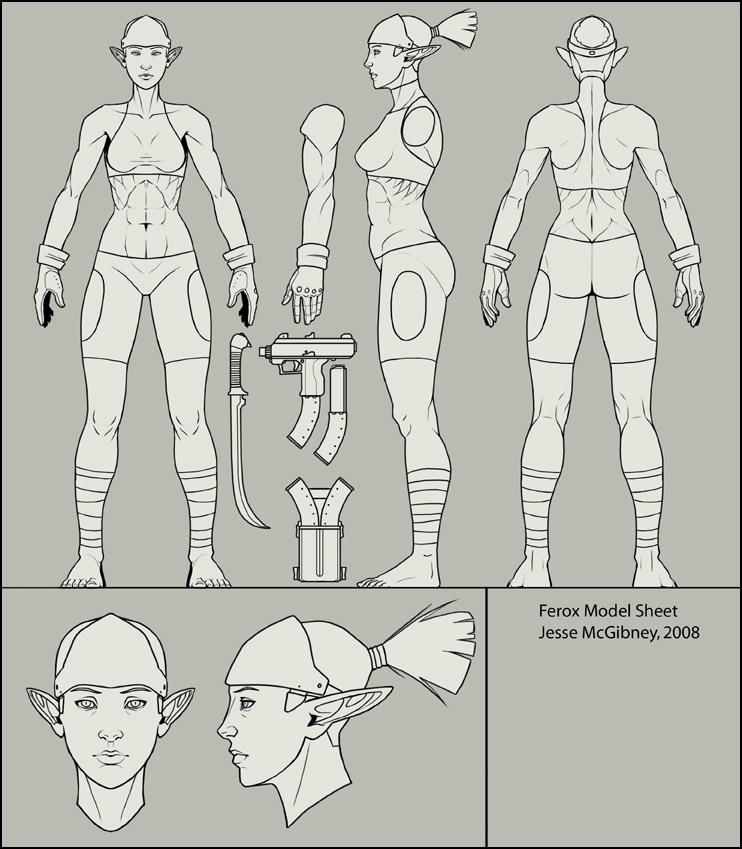 Jesse McGibney (2008) Model sheet sisältää kuvia hahmosta eri kuvakulmista, sekä kasvoista että vartaloista.