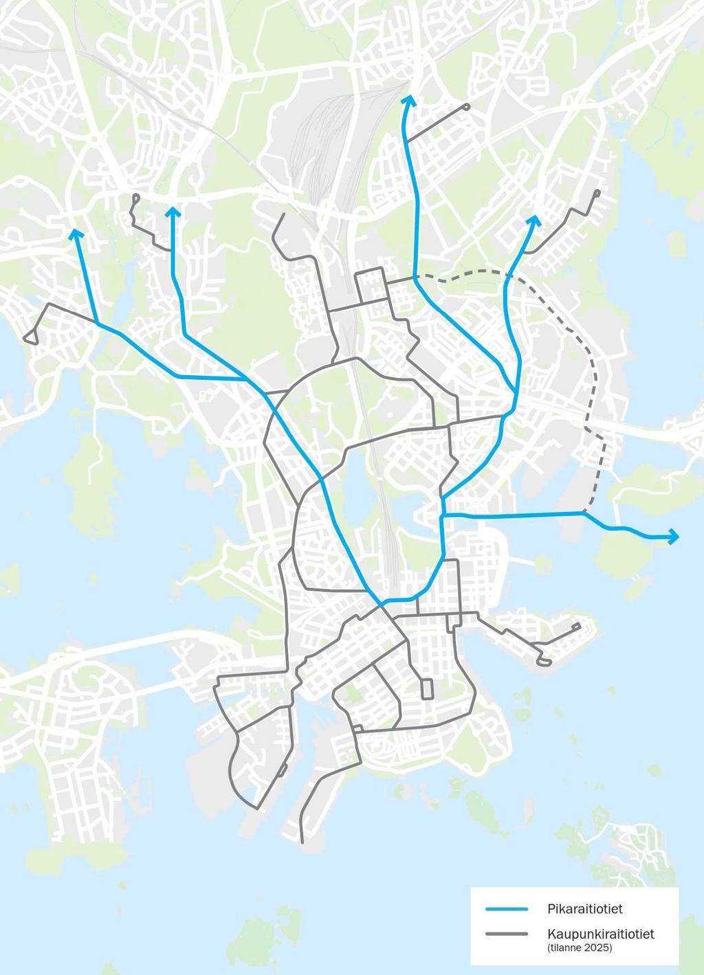 Kaupunkiraitiotieverkon tavoitelaajuutta hahmotellaan kantakaupungin joukkoliikennejärjestelmän kehittämisselvityksessä vuoden 2017 aikana. Myös kaupunkiraitioverkko voi laajentua nykyisestä.