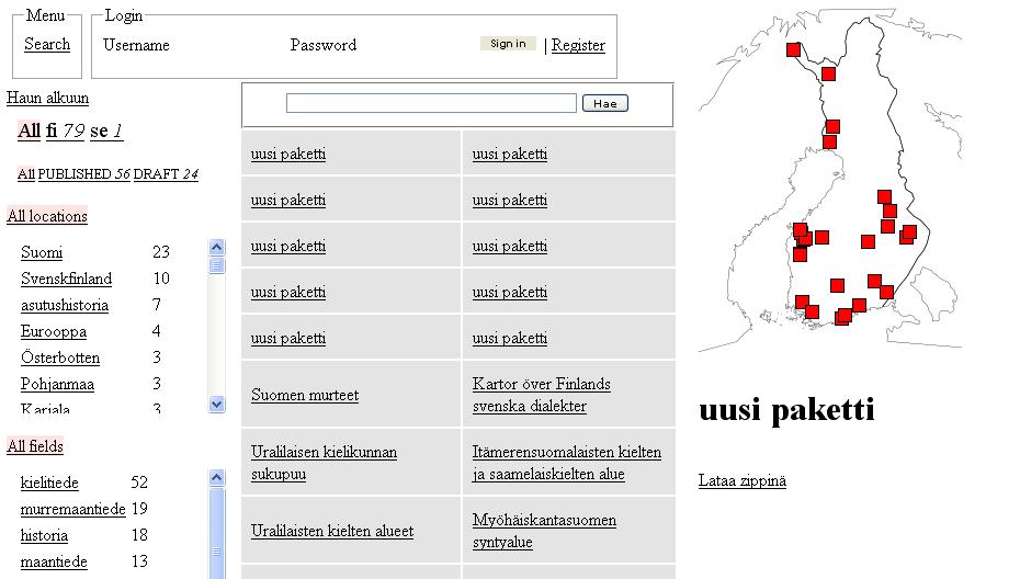Kuva 1. Järjestelmän etusivu. Etusivun ylälaidassa on valikko(kuva 1 ja 2.), josta käyttäjä pääsee kirjautumaan sisään järjestelmään.